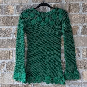 Vintage Hand Made Crochet Kelly Green Bell Sleeve Sweater XXS